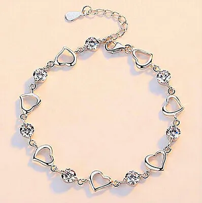 Crystal Heart Linked Charm Bracelet 925 Sterling Silver Womens Jewellery Gift UK • £3.99