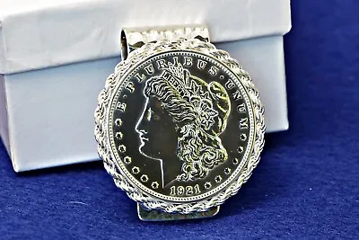 Silver Hammered Hinged U.S. Morgan Silver Dollar Coin Money Clip Roped Bezel • $184.99