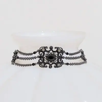 Vintage BEN-AMUN Necklace Black Pewter Swarovski Crystal Bead Choker - 15.5  • $45