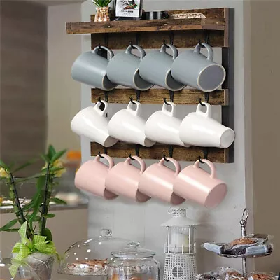 Strong Wall Mounted Coffee Mug Rack 4-Tier Vintage Brown Wood Coffee Mug Holder • $29.90