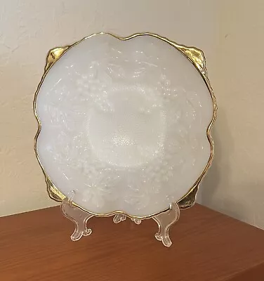 Vintage 10” Anchor Hocking Milk Glass Pedestal Bowl Grape Pattern Gold Trim • $30