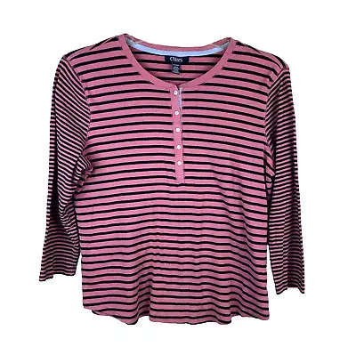 Chaps Womens Henley Top Sz XL Striped Pink Black 3/4 Sleeve • $14.87