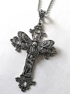 Ornate Gothic Moth Cross Silver Christian Skull Face Pendant Jewelry • $25