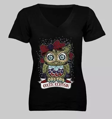 Timeless Clothing USA Queen Kerosin Sugar Skull Owl Design Black V-neck Tee - M • $20.66