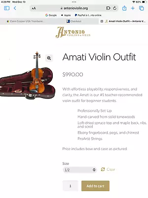 🎻pristine 1999 Hand Made Amati Violin Model E 190 1/2 Size Outfit Retail $990 • $199