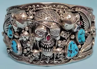 Men's Turquoise & Sterling Silver Bracelet - Delbert Gordon - Skulls - Fits 8  • $979.99