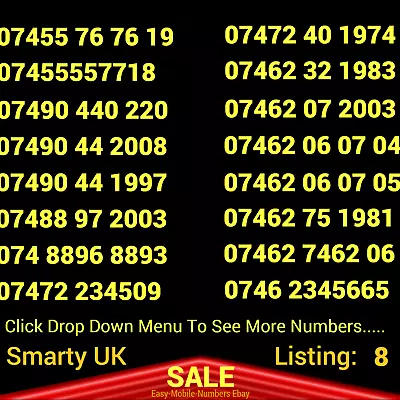 GOLD EASY MOBILE NUMBER VIP UK SMARTY (Three) PAY AS YOU GO SIM CARD Listing: 8 • £7.49