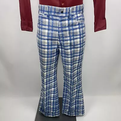 Vintage 60s 70s Mens Pants Leisure Suit Flare Leg Blue Plaid Disco Hippie 32 28 • $118.01