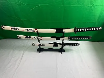 3pc Red Japanese Samurai Katana Sword Set W/ Stand Blade Weapon Collection Decor • $58.95