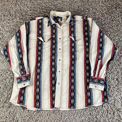 Vintage Wrangler Western Shirt Mens 2XL XXL White 90s Aztec Cowboy Pearl Snap • $55.25