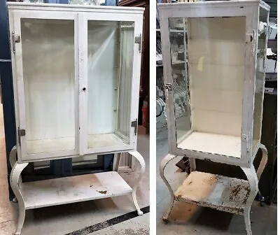 Pair Of Steel Medical Cabinets With Beveled & Wavy Glass On Cabriole Legs • $7500