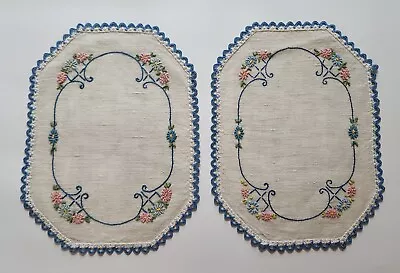 Pair Vintage Doilies Hand Embroidered Daisies On Linen W/ Blue Lace Trim • $6