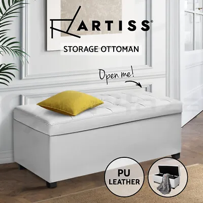 Artiss Storage Ottoman Blanket Box Bench 97cm Leather Chest Foot Stool White • $108.95