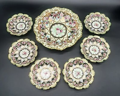 Antique 7 Piece Nippon Porcelain Nut Berry Fruit Bowl Set Primroses Gold 19th C. • $69