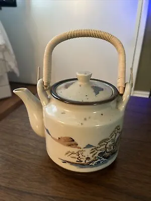 Vintage Tandist Japan Ceramic Teapot With Bamboo Handle Oriental Label NOS • $18