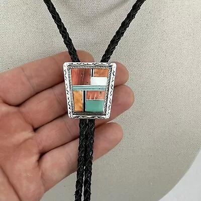 Incredible Western Vintage Turquoise Sterling Silver Coral Onyx Inlay Bolo Tie • $257