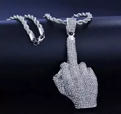 Iced Out Angry Middle Finger Hip Hop Necklace Jewelry Chain Pendant Shiny Bling • £6.85