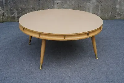 Mid Century Modern UFO Round Limed Oak & Brass W/ Formica Coffee Table - 36  • $324.99