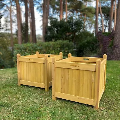 Square Wooden Garden Planter Pot In Tan (Set Of 2) Flower Growing • £54.99