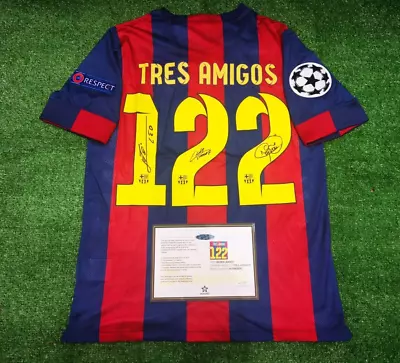 Tres AMIGOS Messi Neymar Jr & Suarez (MSN) SIGNED Barcelona Shirt/Jersey + COA • £77