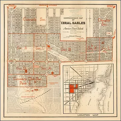 1924 Map Of Coral Gables Miami Dade South Florida Decor Poster Print • $180