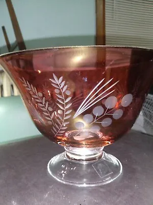 Lenox Crystal Footed 9  Pedestal Bowl Iridescent Cranberry Etched Wheat & Berry • $21.99