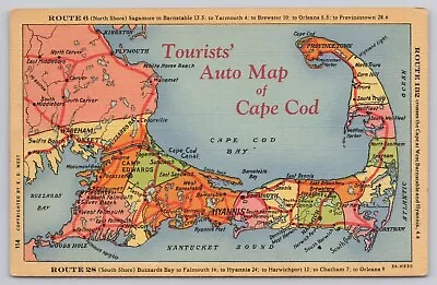 Cape Cod Massachusetts Tourists Auto Map Vintage Postcard • $6.39