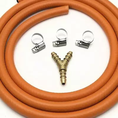 3 WAY Y CONNECTOR SPLITTER KIT WITH 2mt 8mm I/D GAS HOSE & 3 CLIPS • £12.99