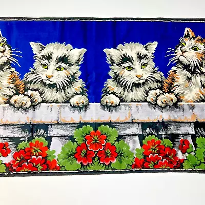 Vintage Cat Tapestry 1970s Blue Velveteen Red Flowers Stone Wall Italy 38x20 • $34