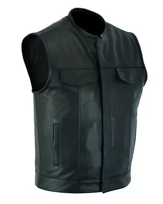 Men's SOA Collarless Leather Vest Motorcycle Biker Club Concealed Carry Outlaws • $46.99