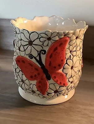 Vintage Colorful Butterfly  Daisy Ceramic Planter Utensil Holder Boho MCM 6x6 • $13