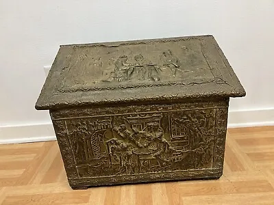 Vintage Embossed Brass Coal Box ~ Storage Chest Trunk Wood Repousse Metal Relief • $79.99