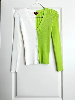 STAUD Cargo Ribbed Colorblock Button Front Cardign In White Lime Green Size L • $74