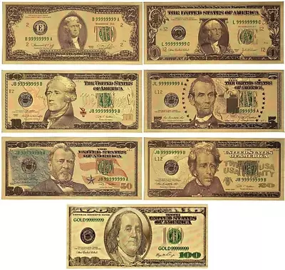 7 Pcs Set Gold Dollar Bills 1 $2 $5 $10 $20 $50 $100 Gold Foil Dollar Bills USD • $12.95