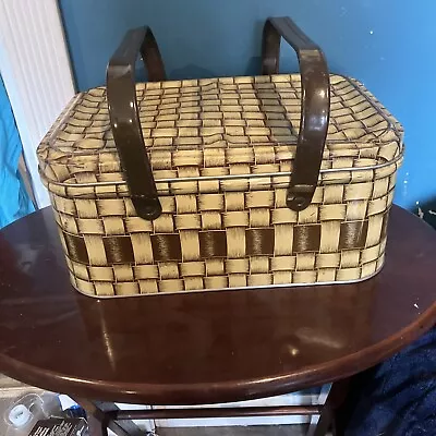 Vintage Brown Basket Weave Metal PICNIC TIN With Metal Handles • $29