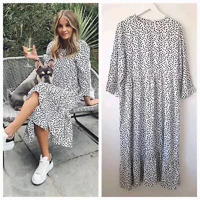 Zara White Black Polka Dot Spot Dotty Fit Flare Tiered Midi Dress S Small 8 10 • £29.99