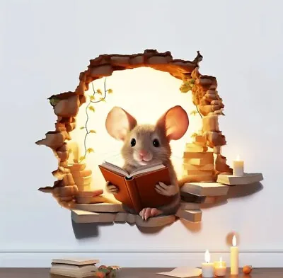 3D Mouse With Book Hole Skirtg Sticker 15x13cm Interior Wall Glass Self Adhesive • £3.90