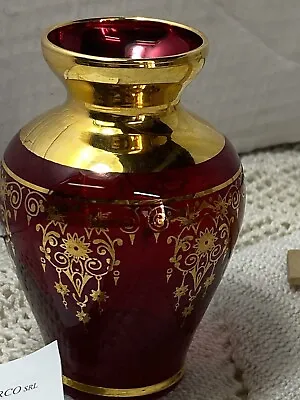 Vecchia Murano Glass 4.5” Gilded Gold Ruby Red Vase W Certificate!! E33 • $29.99