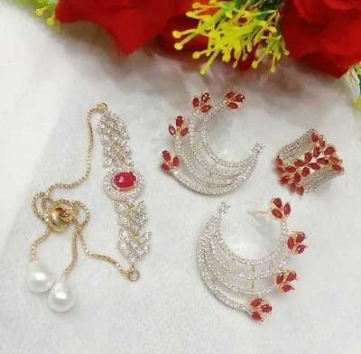£15.54 • Buy Indian American Diamond Red Stone Gold Tone Pearls Bracelet Earrings Rings Love