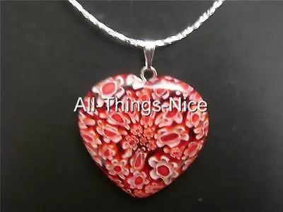 MILLEFIORI Murano Flower 30mm Love HEART Dark Red Pendant Necklace Jewellery • £4.50