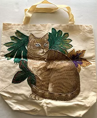 Hand Painted Canvas Tote Tabby Cat Unused Glittered 18  X 15  • £17.32