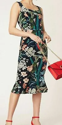 Stunning Oasis Black Floral Bright Hot Tropics Midi Wiggle Frill Hem Dress 12 • £28.99