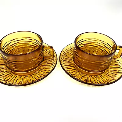 Vtg MCM French Vereco Amber Zebra Glass Coffee Tea Cups Saucers Texture Set Of 2 • $16.50