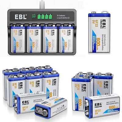 EBL 9V Li-Ion Rechargeable Batteries 9 Volts 6F22 600mAh Lithium Battery Lot • £11.99
