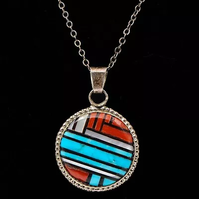 VTG Zuni Sterling Silver Turquoise Inlay Pendant Necklace By Wayne Haloo (W122) • £0.80