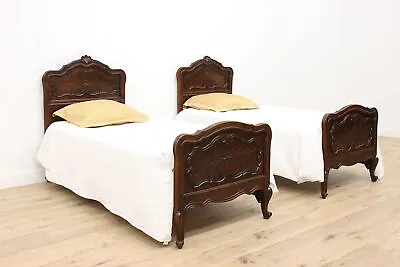 Pair Of Italian Piedmont Antique Carved Walnut Twin Or Single Beds #43357 • $3075