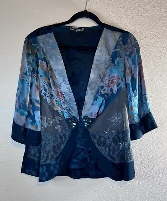 VIOLET KAY Size Small Embellished Silk Blend Kimono Blouse Teal Multi • $38.99