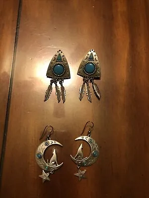 Vintage Jj 1988 Howling Wolf Moon Pewter Drop & Triangle Turquoise Earrings • $29.99