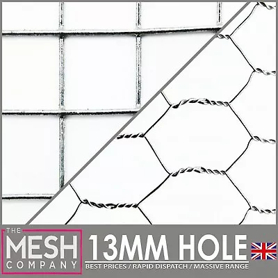 13mm Galvanised Welded & Chicken Rabbit Wire Mesh 1/2  X 1/2  Square & Hex Holes • £30.56