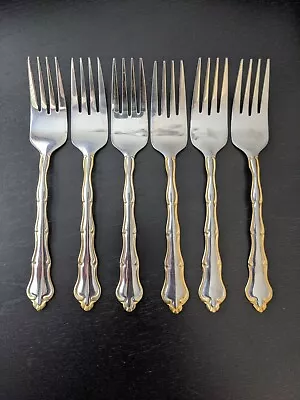 6 Desert Fruit Salad Forks Stainless Steel Gold Trim China 6.5  Long • $15